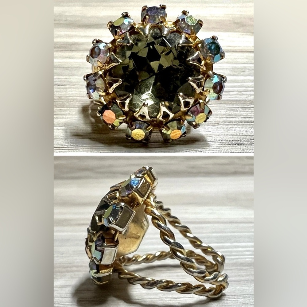 Antique 1950-60s Gold Tone Split Shank Green Gemstone & Austrian Crystal Ring